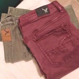 American Eagle Hi-Rise jeggings (2 pair) distressed; colored denim||Womens: 10